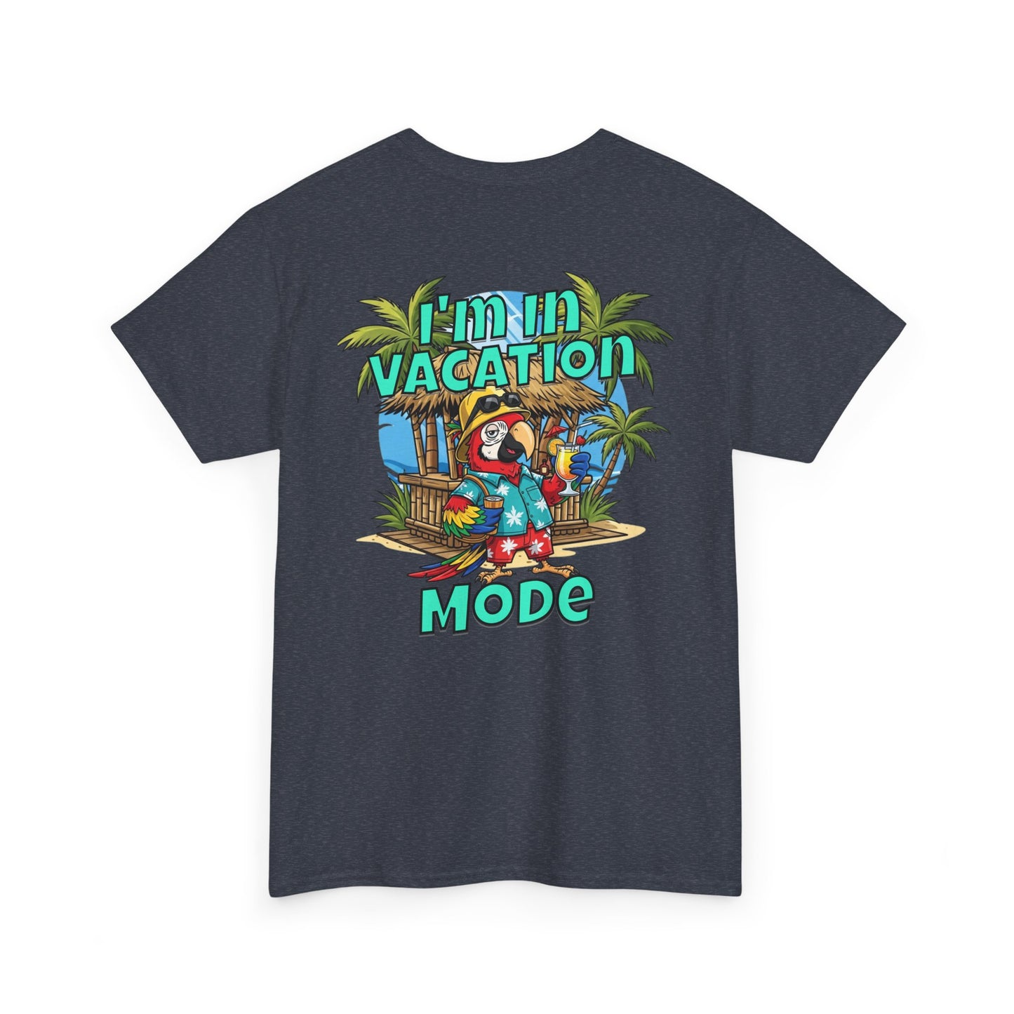 Black t-shirt with a colorful graphic and text 'I'm in Vacation Mode' on a white background