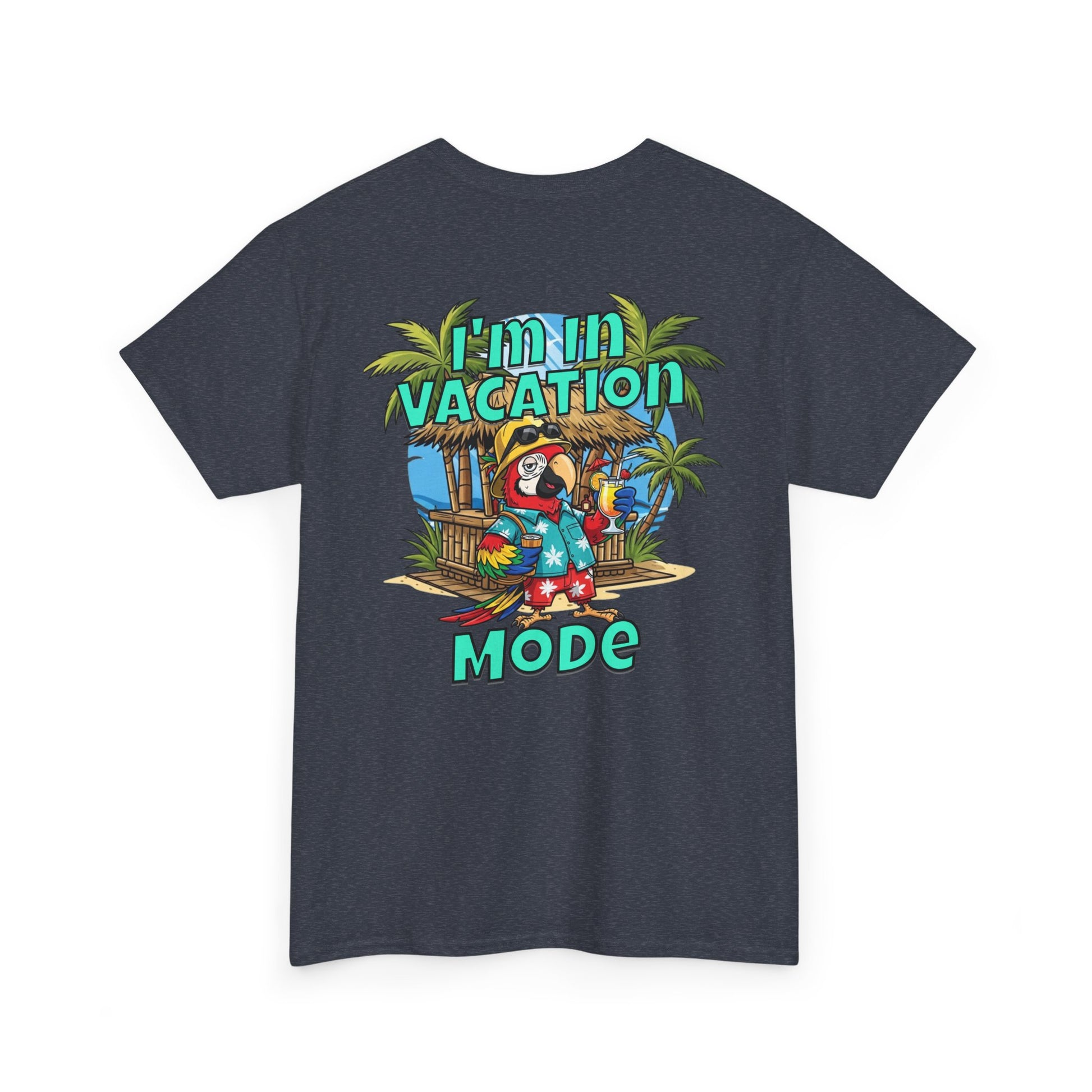 Black t-shirt with a colorful graphic and text 'I'm in Vacation Mode' on a white background