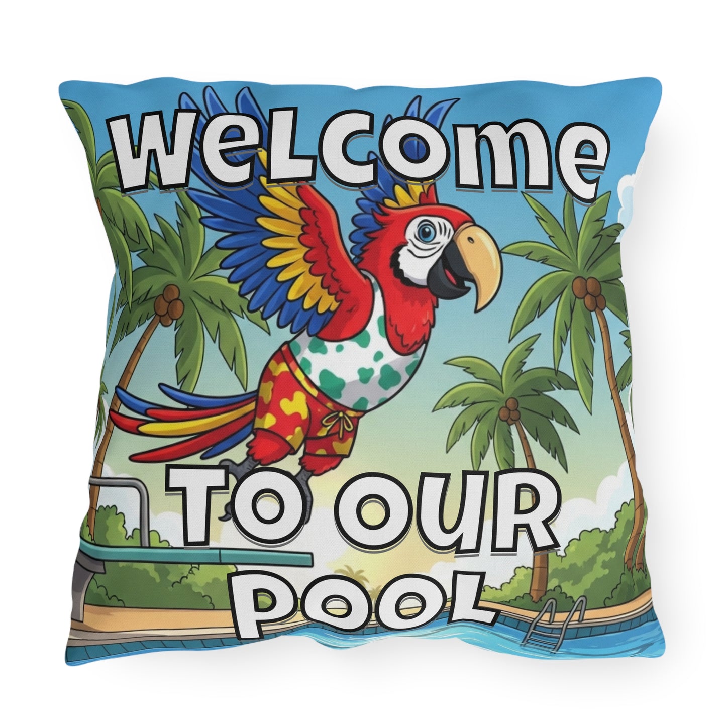Welcome To Our Pool Outdoor Pillow — Tropical Parrot Poolside Decorative Cushion
