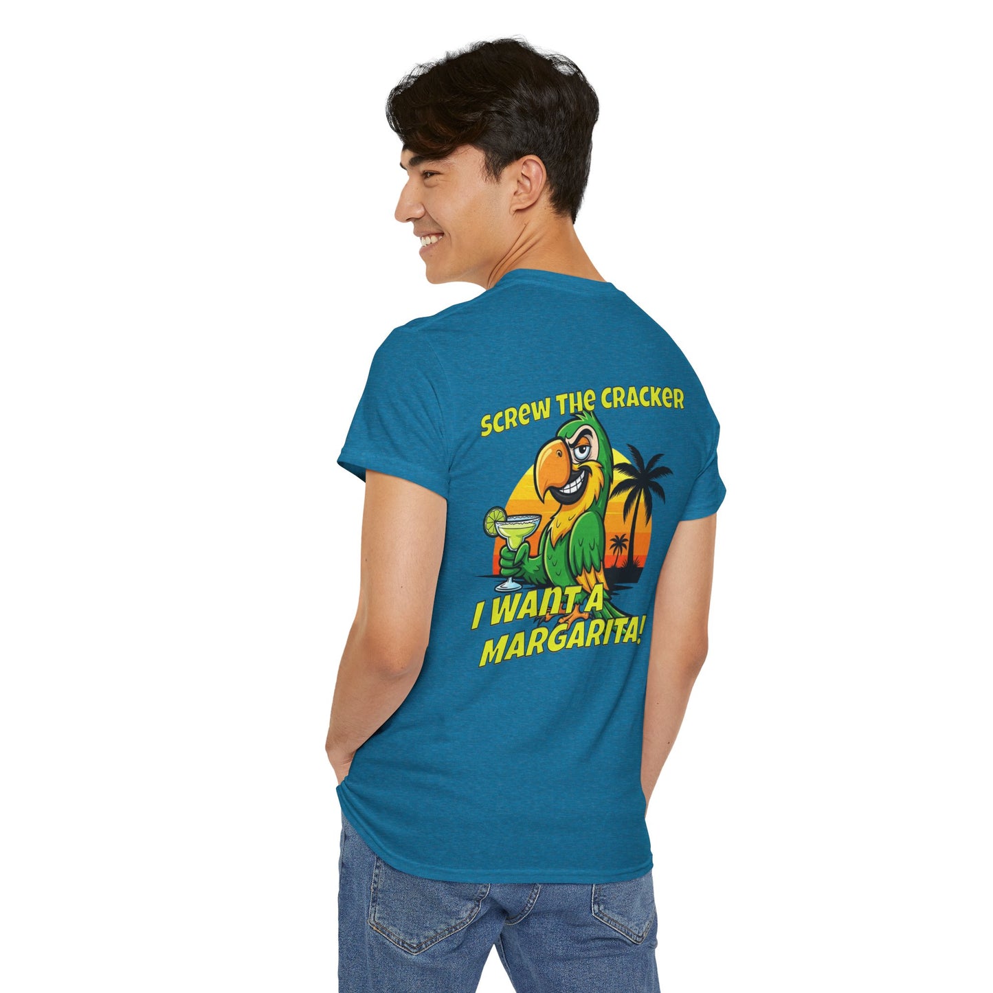Screw the Cracker I Want a Margarita" T-Shirt Tropical Parrot Cocktail Tee