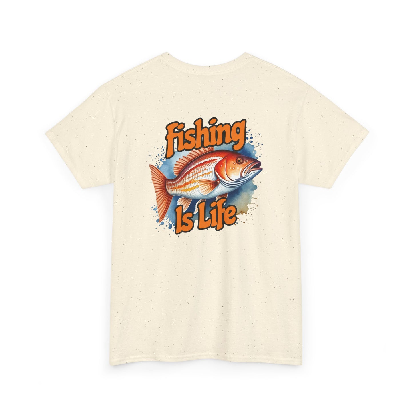 Beige t-shirt with 'Fishing is Life' graphic on a white background