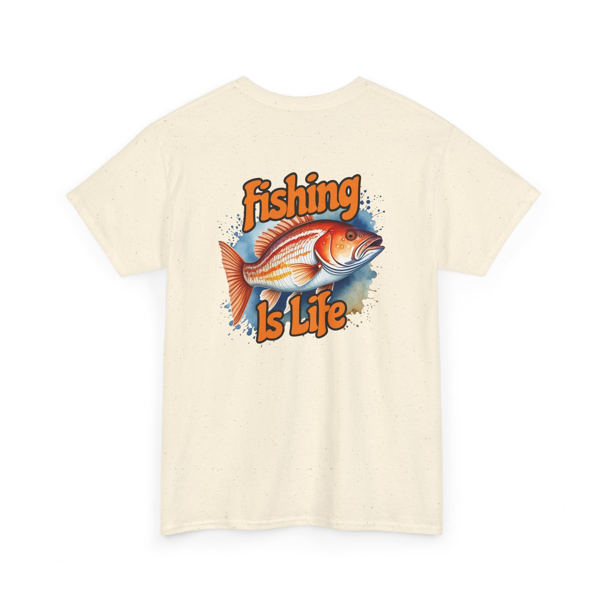 Beige t-shirt with 'Fishing is Life' graphic on a white background