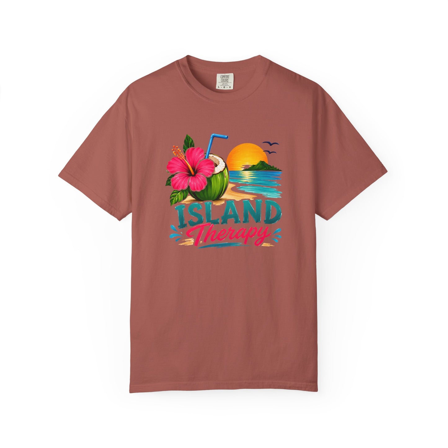Island Therapy T‑Shirt — Tropical Sunset Coconut Drink Beach Tee