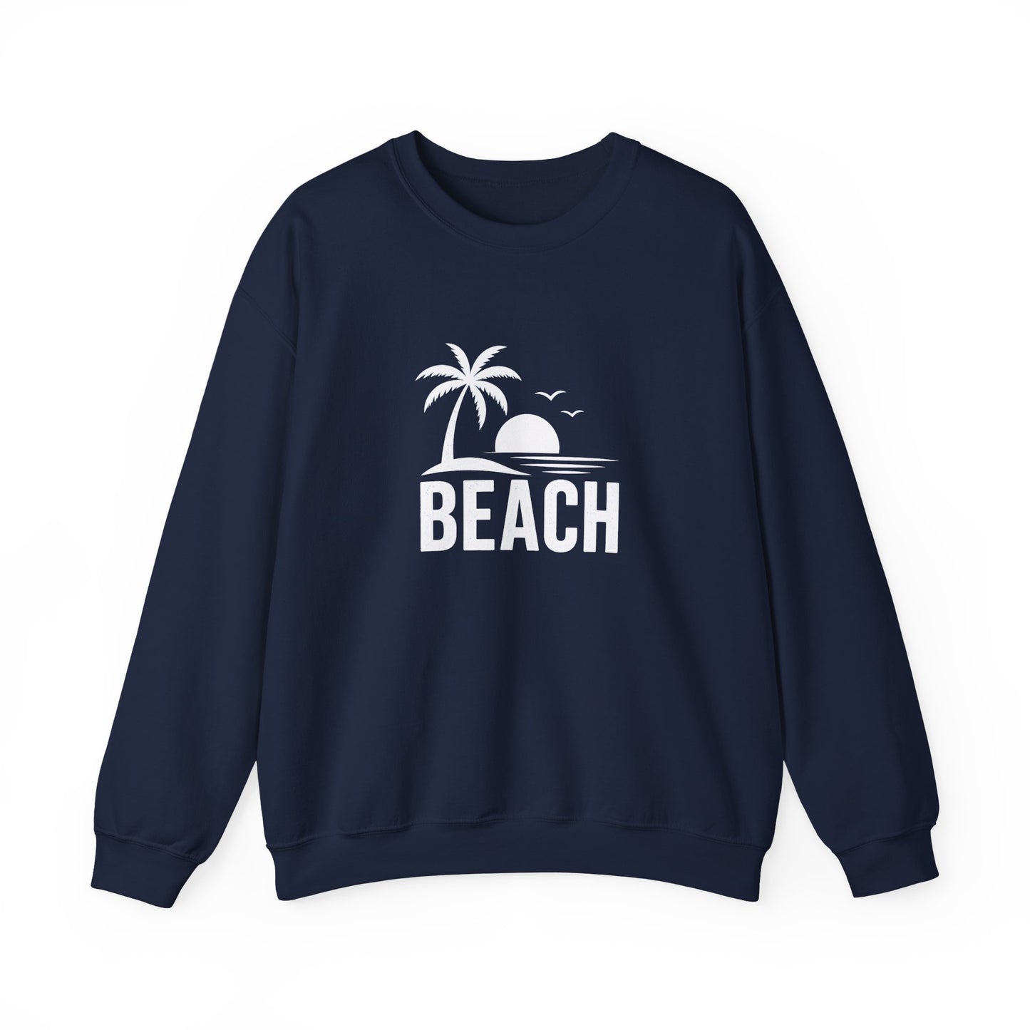 A navy blue crewneck sweatshirt with a white graphic on the chest depicting a palm tree, a rising sun, birds, and the word 'BEACH'.