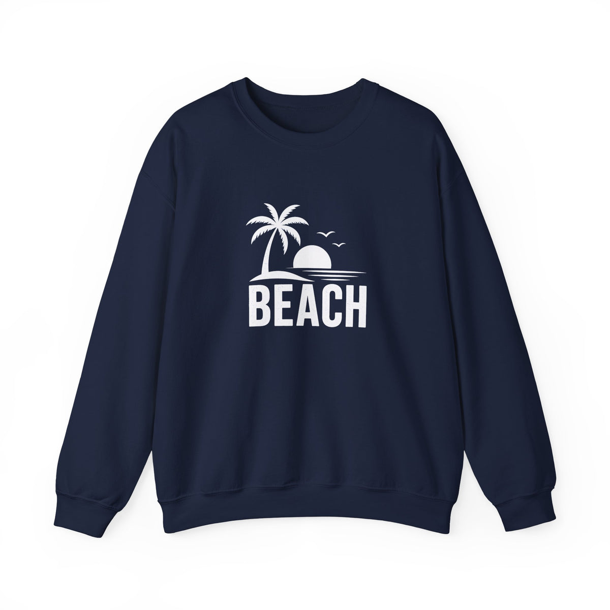A navy blue crewneck sweatshirt with a white graphic on the chest depicting a palm tree, a rising sun, birds, and the word 'BEACH'.