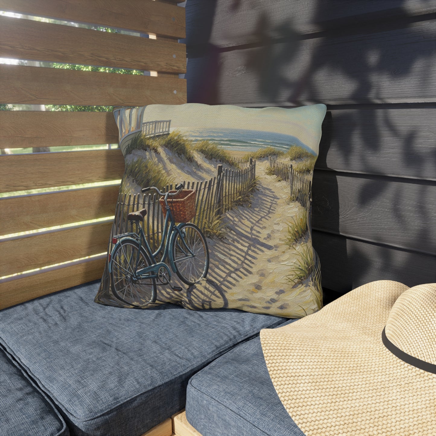 Decorative pillow with a bicycle design on a cushioned bench outdoors.