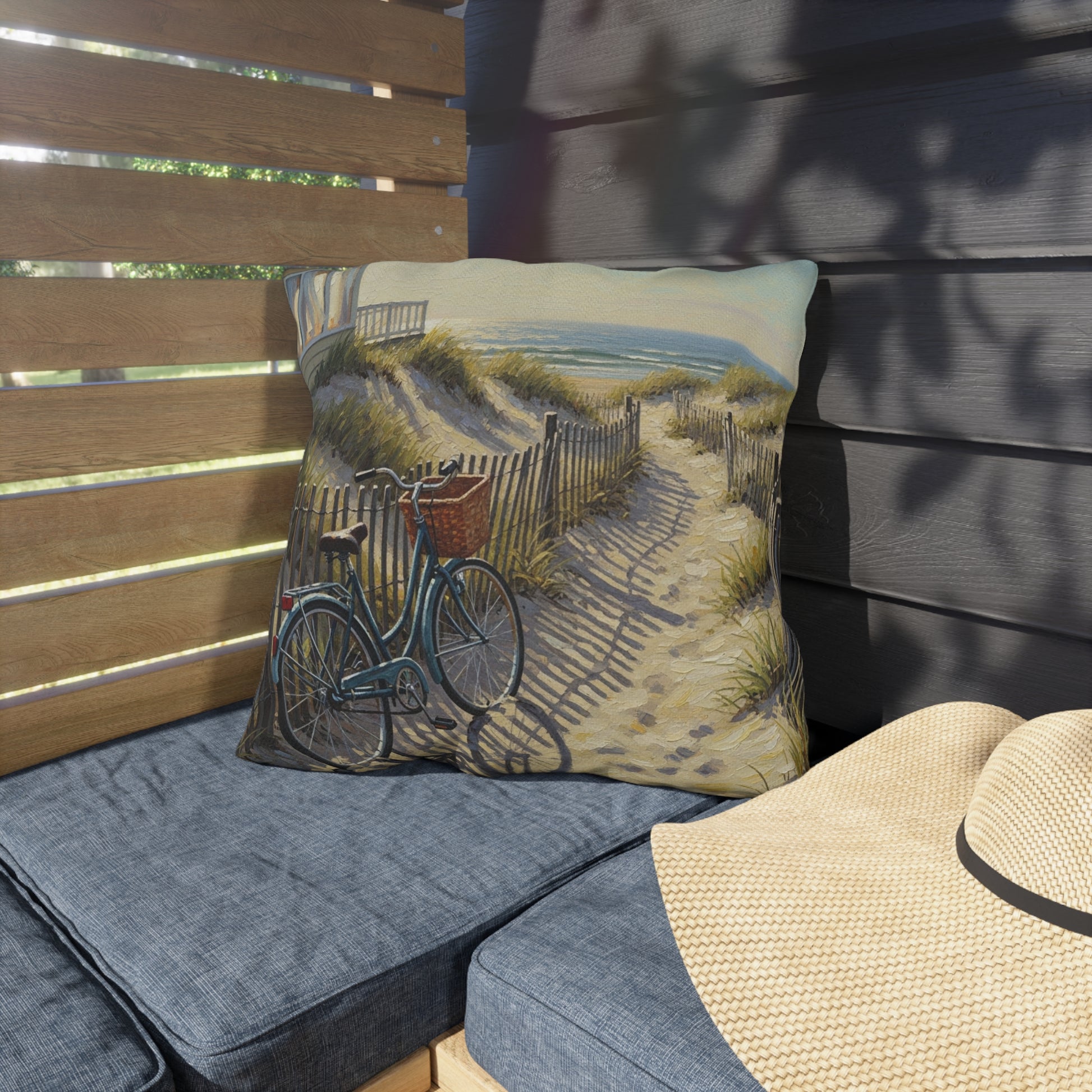 Decorative pillow with a bicycle design on a cushioned bench outdoors.