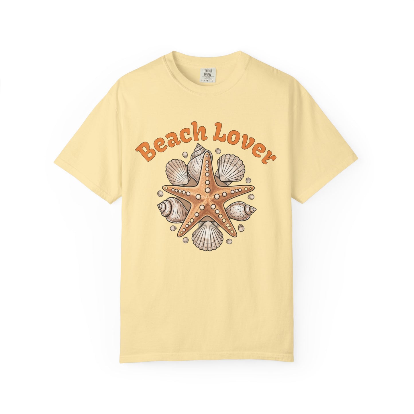 Yellow t-shirt with 'Beach Lover' text and starfish design on a white background
