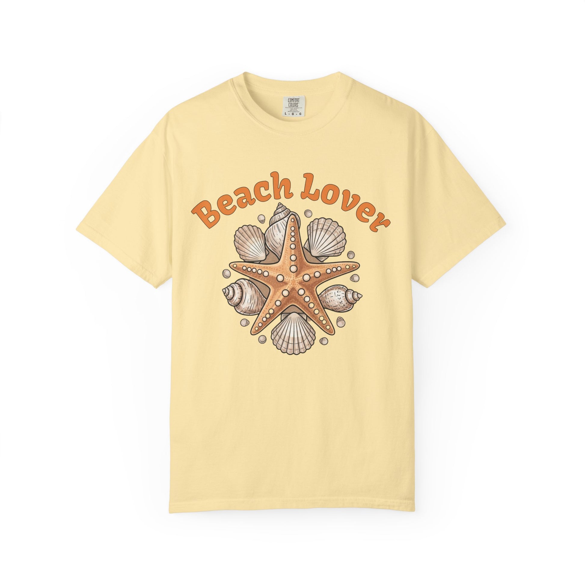 Yellow t-shirt with 'Beach Lover' text and starfish design on a white background