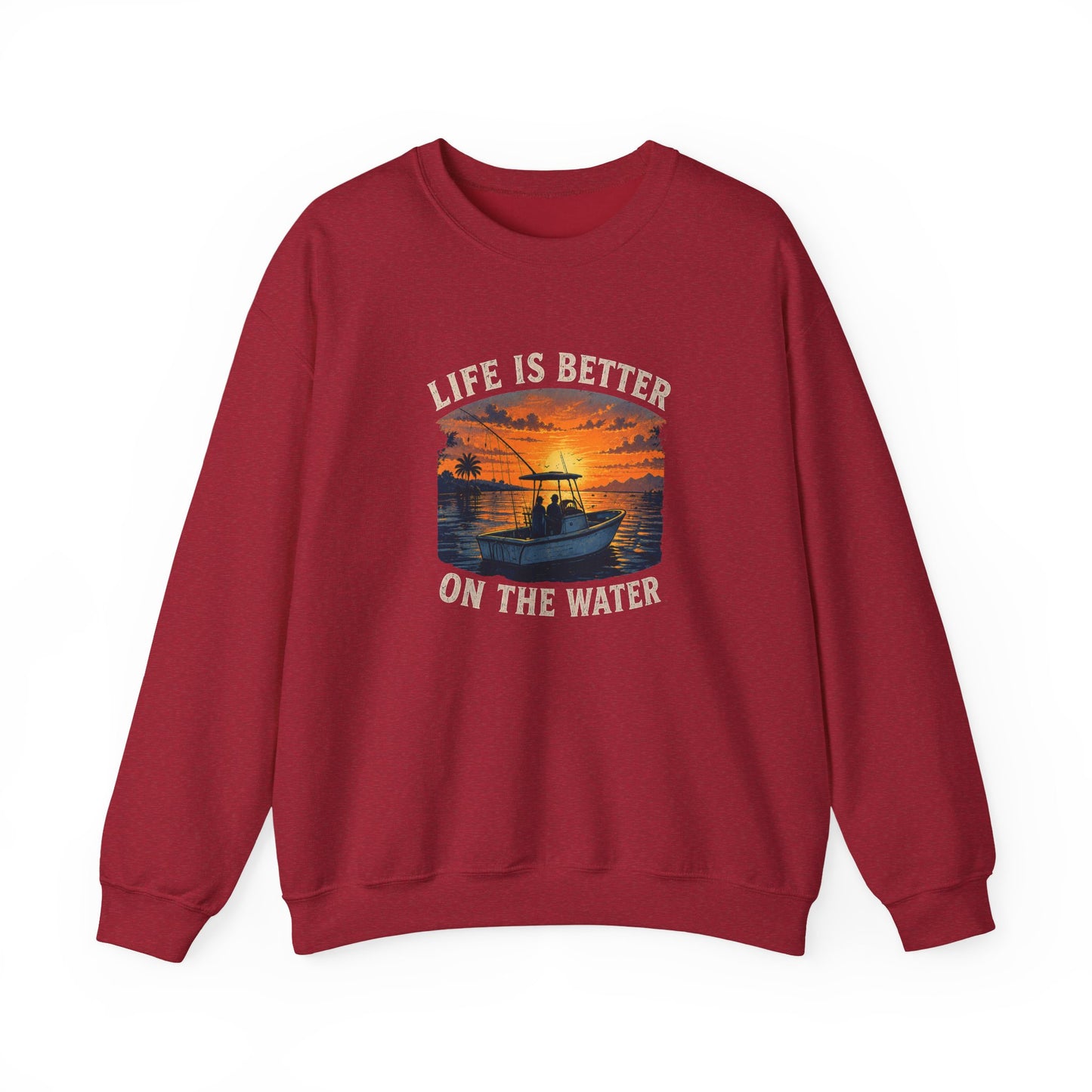 "Life Is Better On The Water" Crewneck Sweatshirt -Boat Sunset Graphic
