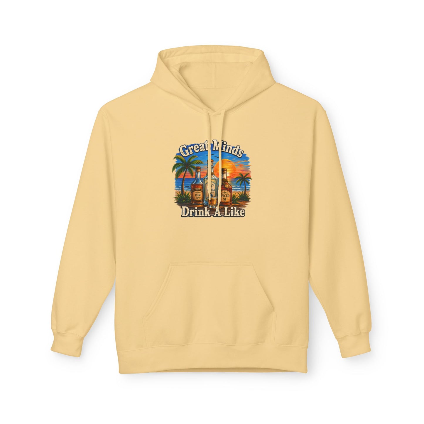 Great Minds Drink Alike Hoodie — Tropical Sunset Palm Beach Graphic Sweatshirt