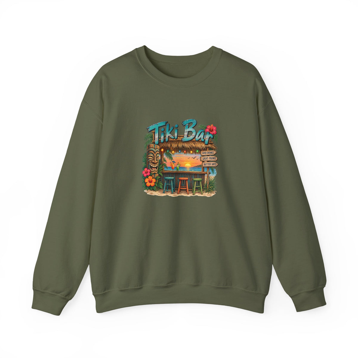 Tiki Bar Crewneck Sweatshirt — Retro Tropical Sunset Design