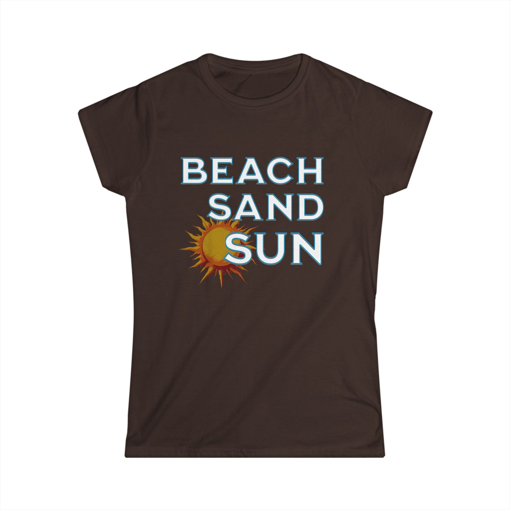 Brown t-shirt with 'Beach Sand Sun' text and sun graphic on a white background