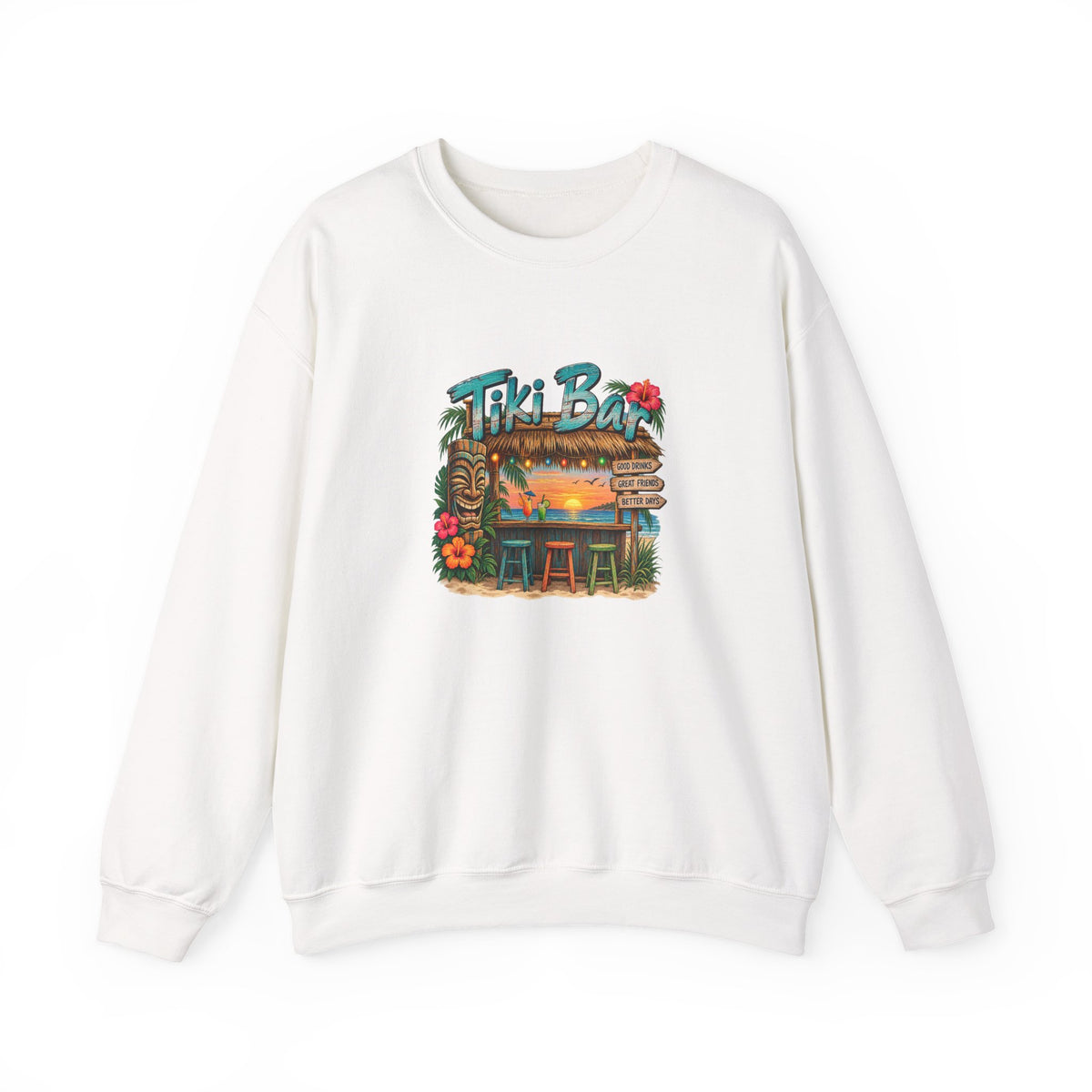 Tiki Bar Crewneck Sweatshirt — Retro Tropical Sunset Design