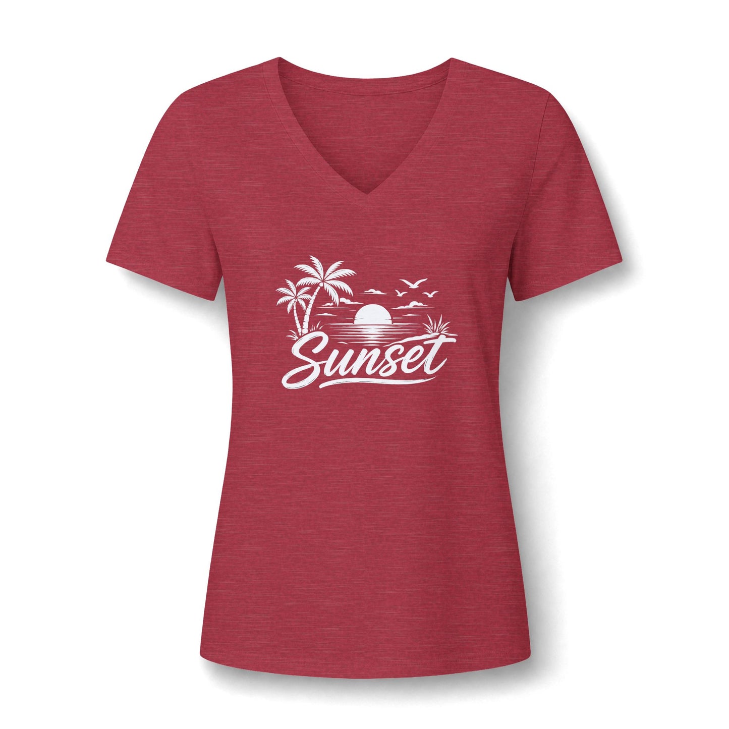Sunset Palm V-Neck Tee – Women’s Beach Sunset Graphic Shirt