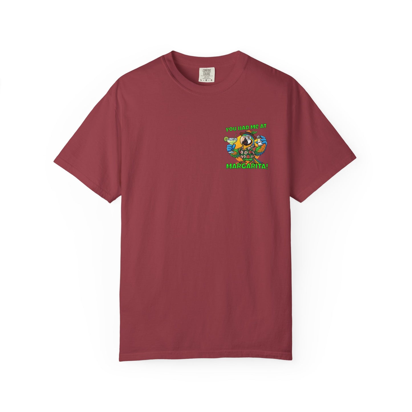 Maroon t-shirt with a colorful graphic on a white background
