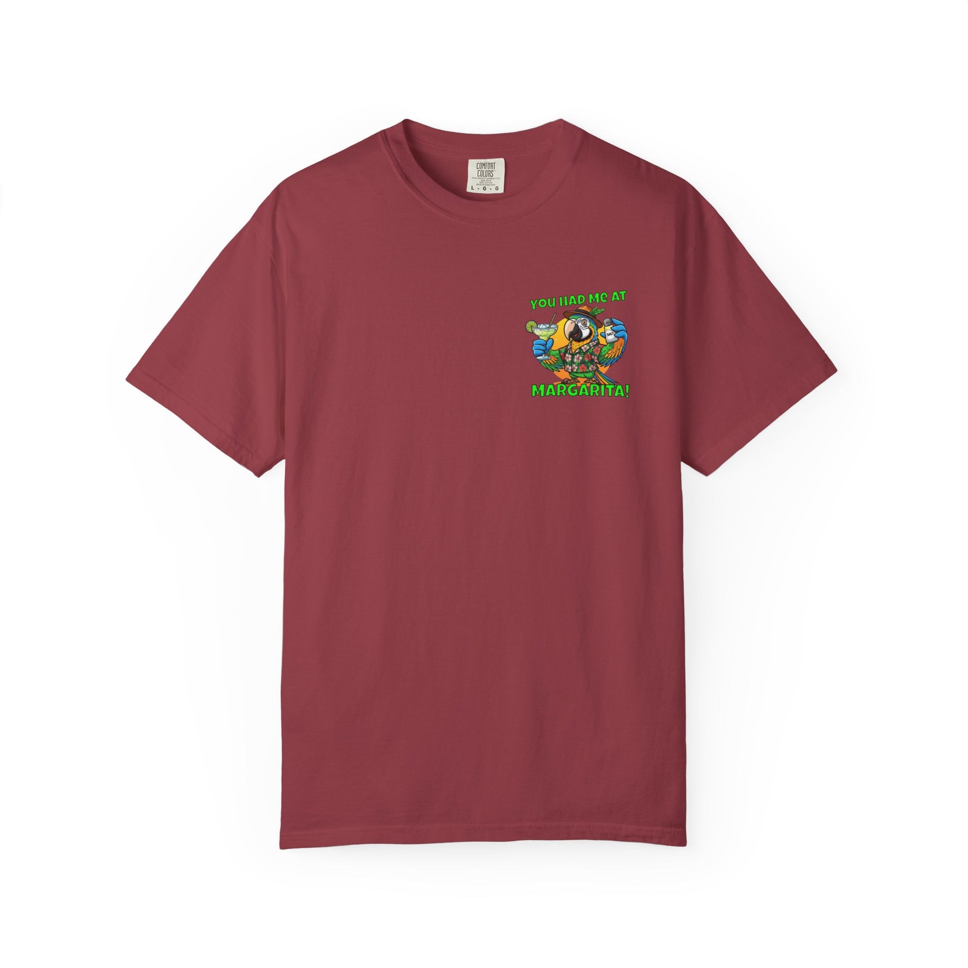 Maroon t-shirt with a colorful graphic on a white background
