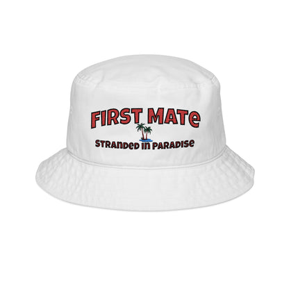 White bucket hat with 'First Mate Stranded in Paradise' text and palm tree graphic on a white background