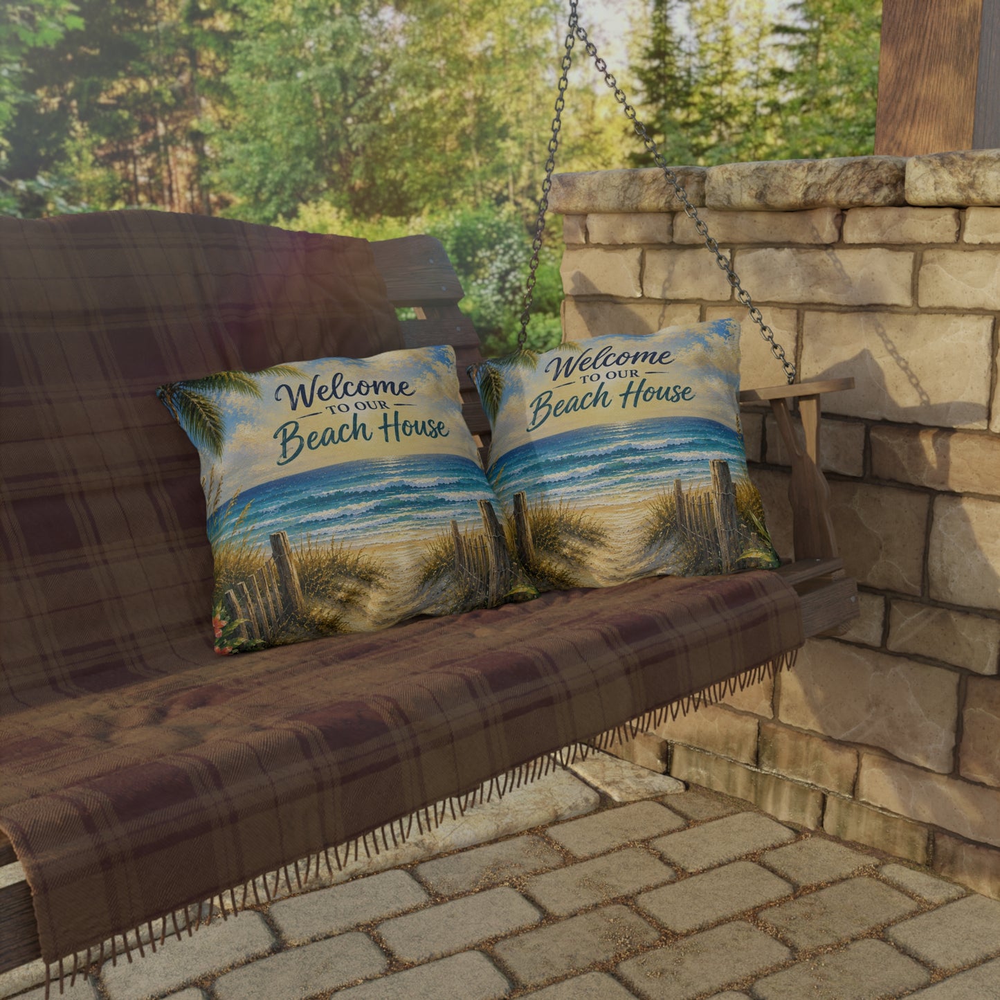 Welcome to Our Beach House Outdoor Pillow — Coastal Decorative Accent for Patio, Porch & Beach Home