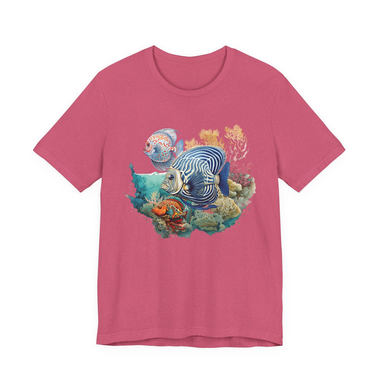 Pink t-shirt with an underwater scene design featuring a fish and coral on a white background at Caribbean Rays