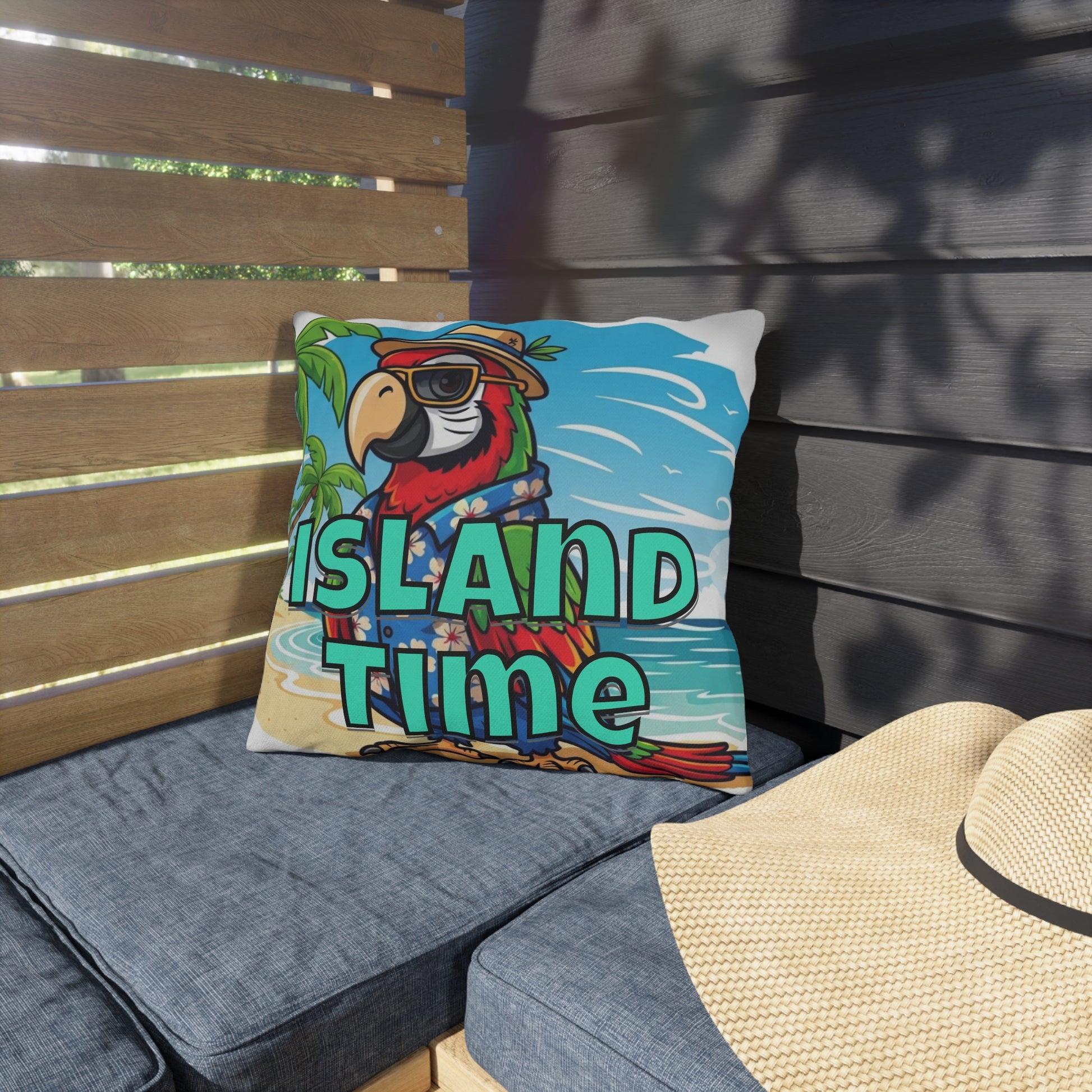 Decorative pillow with a parrot design and 'Island Time' text on a patio setting.