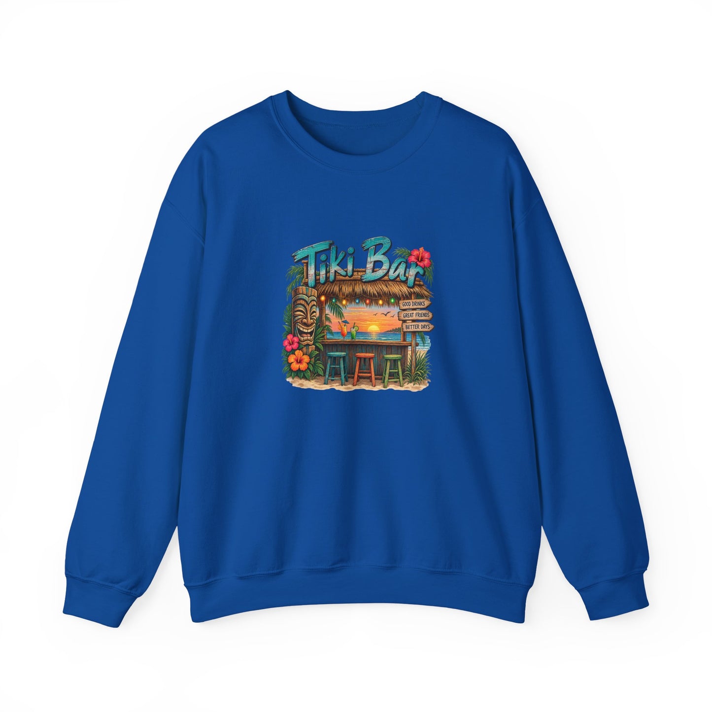 Tiki Bar Crewneck Sweatshirt — Retro Tropical Sunset Design