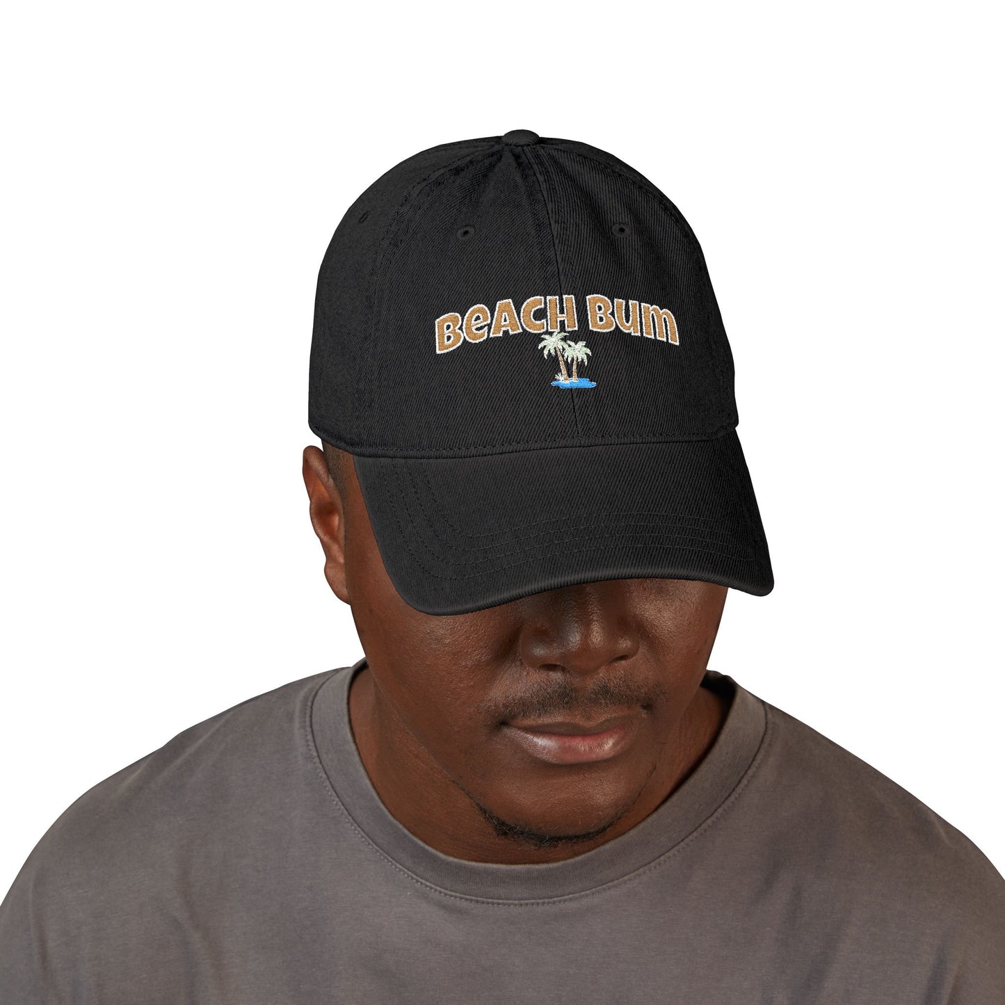 Beach Bum Embroidered Denim Hat — Casual Palm Tree Cap