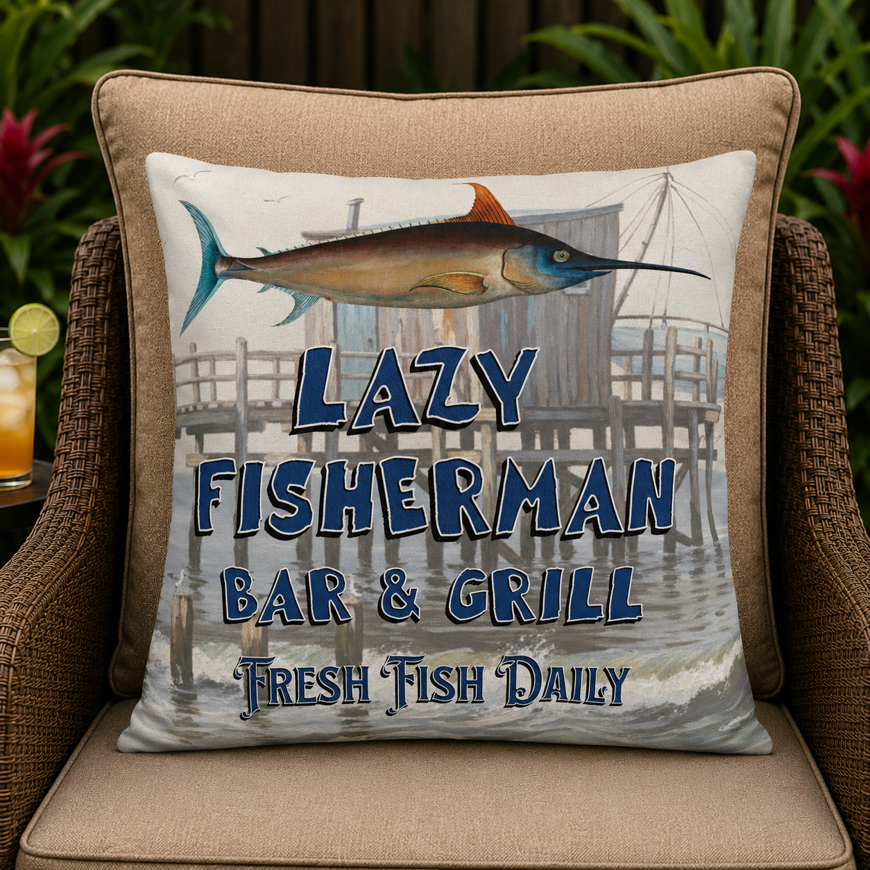 Outdoor Pillow"Lazy Fisherman Bar & Grill: Fresh Fish Daily" Coastal Decorative Throw Pillow