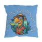 Pillow with a parrot design and 'Living the Caribbean Life' text on a blue background