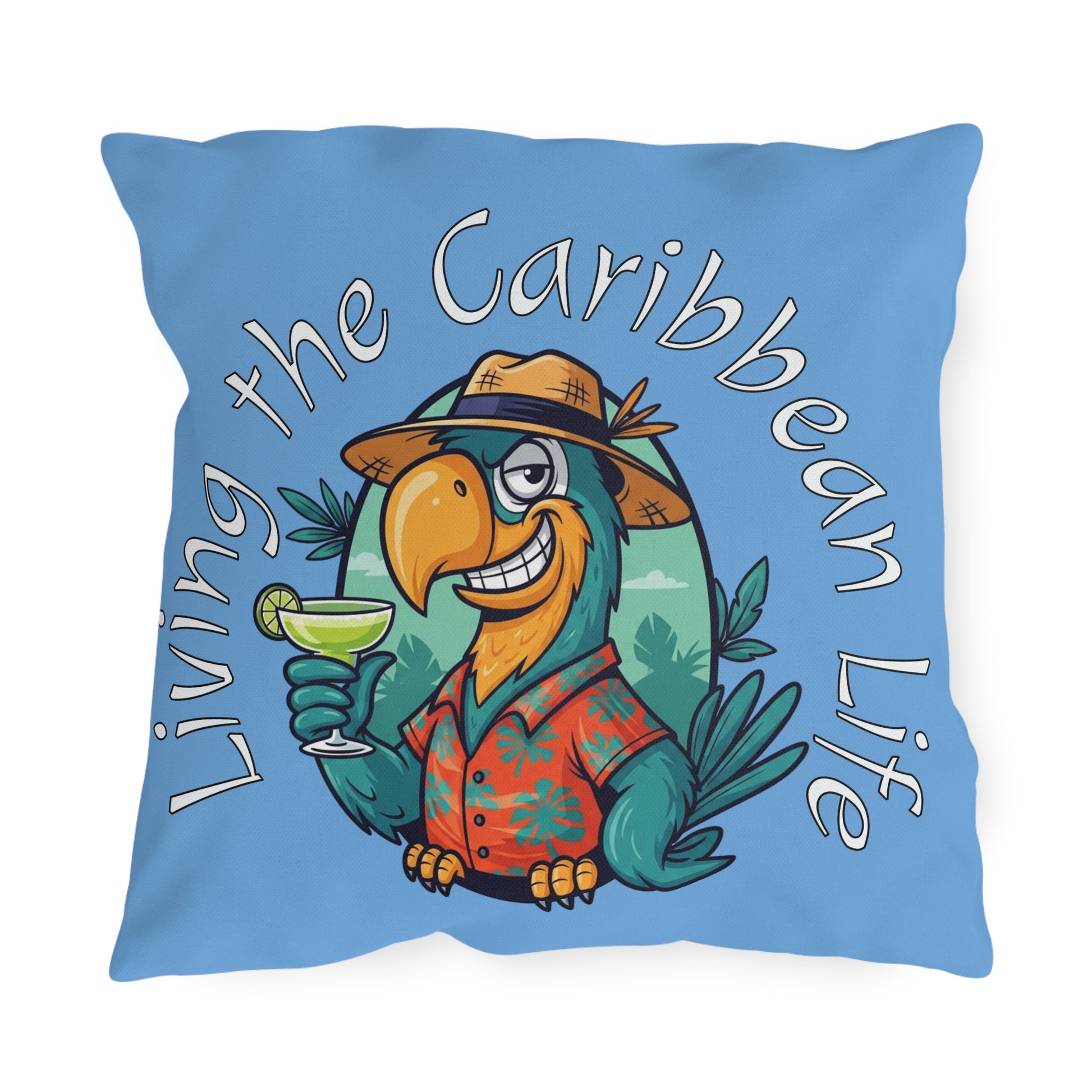 Pillow with a parrot design and 'Living the Caribbean Life' text on a blue background