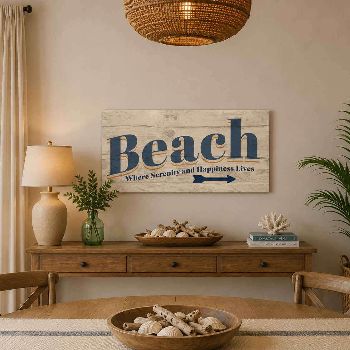 Nautical-themed room with 'Beach' sign, lamp, and decor.