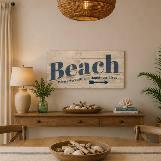 Nautical-themed room with 'Beach' sign, lamp, and decor.