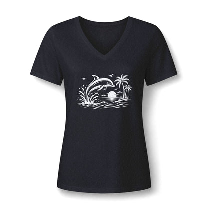 Dolphin Beach Sunset Graphic-Women’s V‑Neck Tee