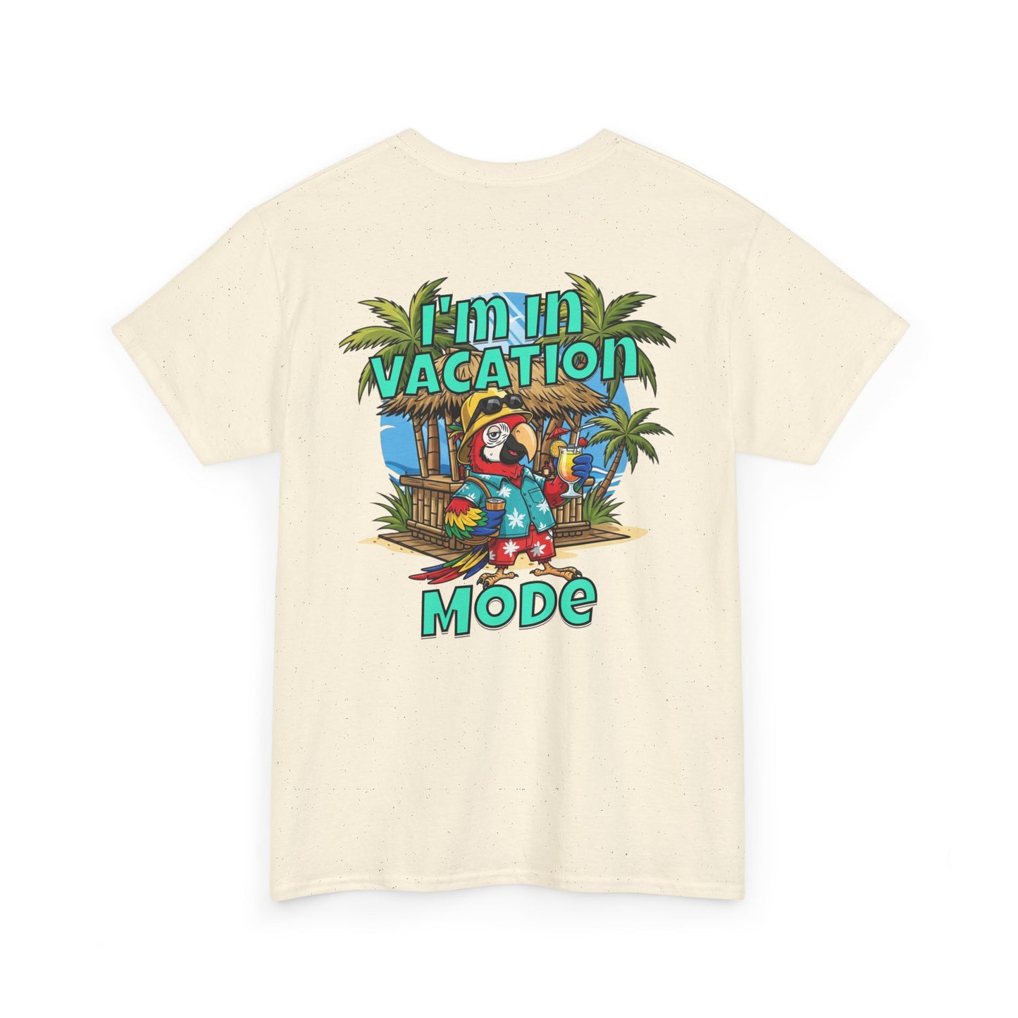 Beige t-shirt with a tropical graphic and 'I'm in Vacation Mode' text on a white background