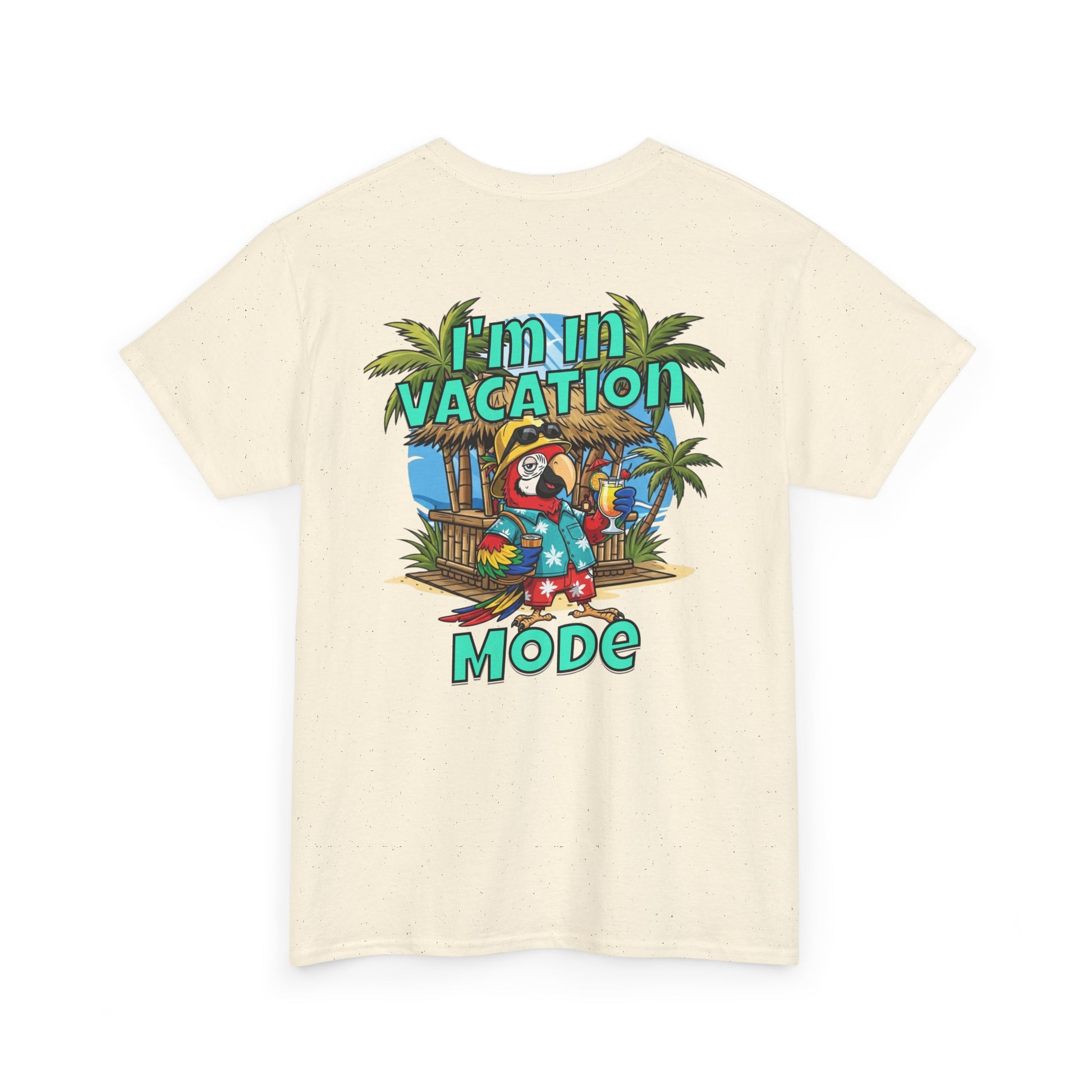 Beige t-shirt with a tropical graphic and 'I'm in Vacation Mode' text on a white background