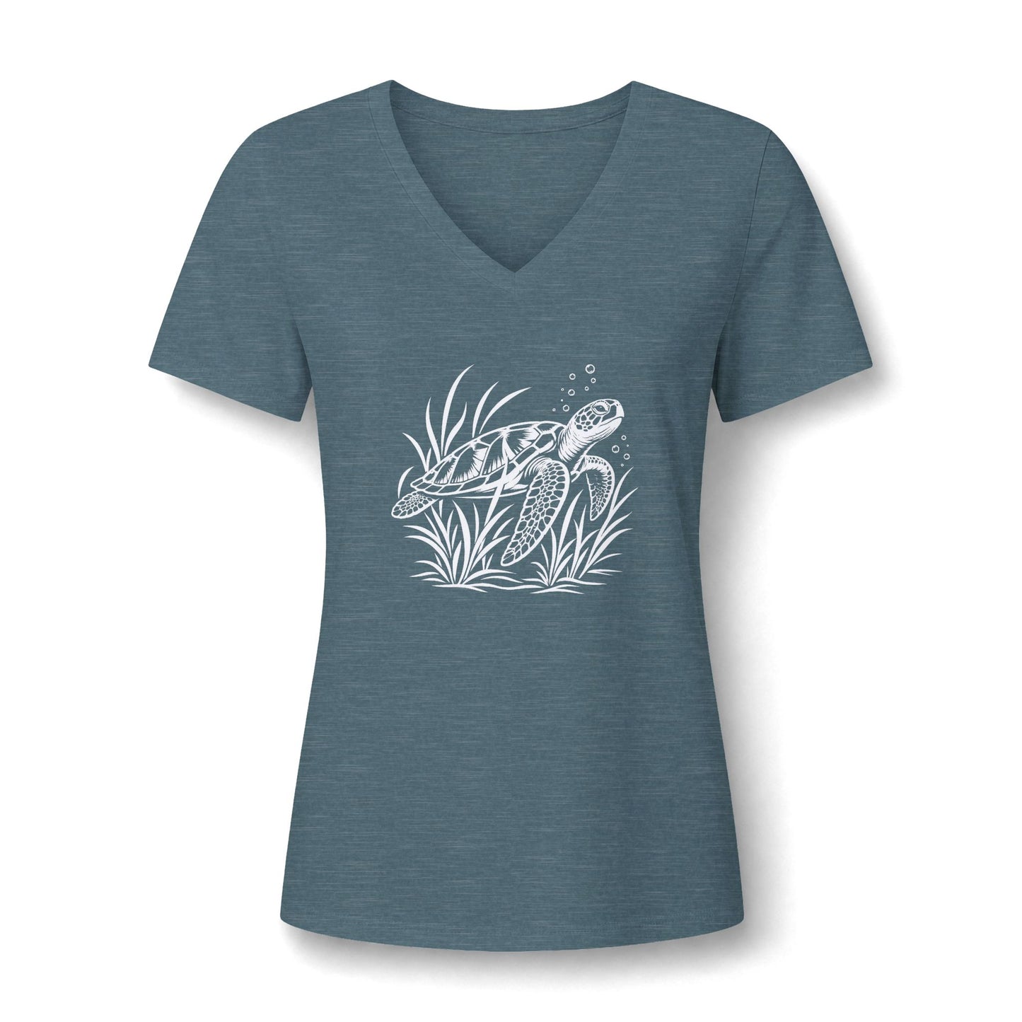 Sea Turtle V-Neck Tee — Women's Relaxed Heather Tee with White Sea Turtle Graphic
