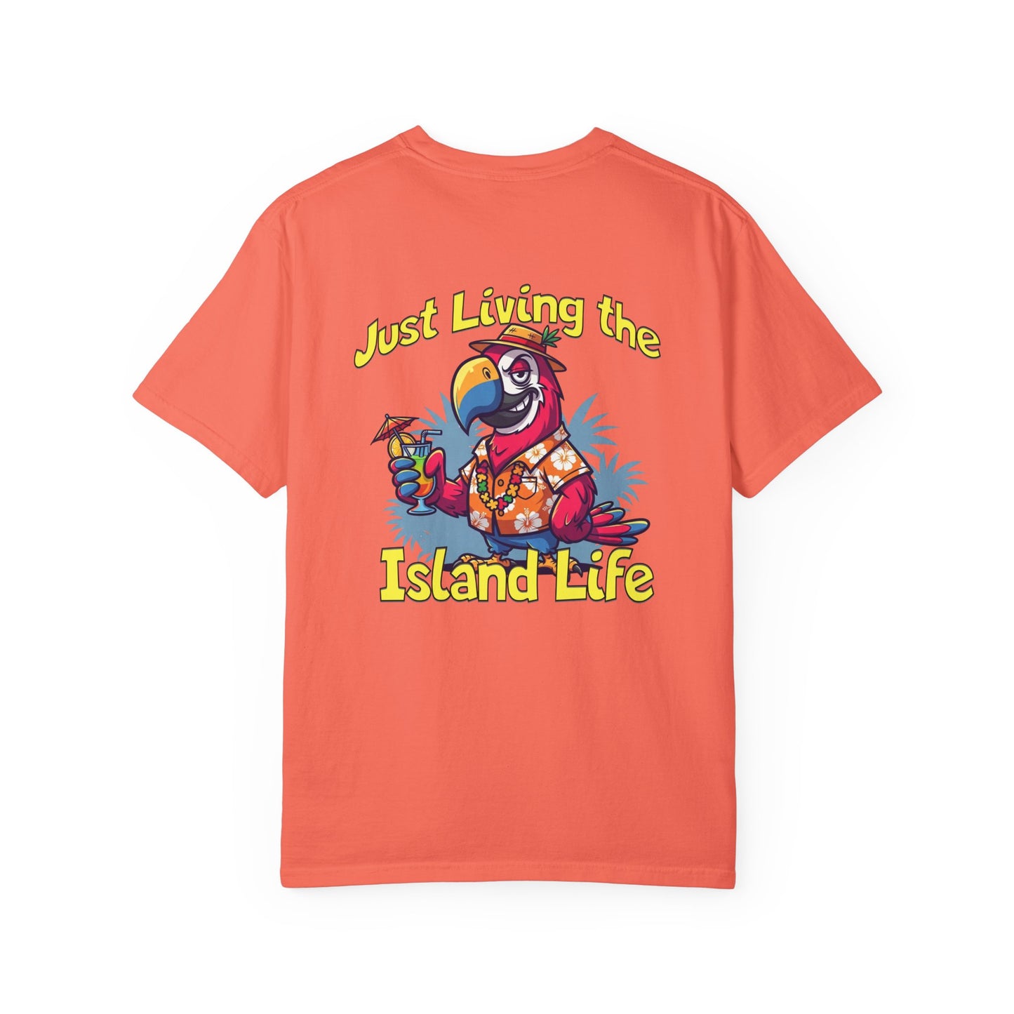 Coral t-shirt with a parrot graphic and 'Just Living the Island Life' text on a white background