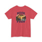 A heather red short-sleeve t-shirt with a vintage-style graphic on the chest that reads 'NEVER FORGET Old FISH' surrounding a sunset lake and pine tree illustration.