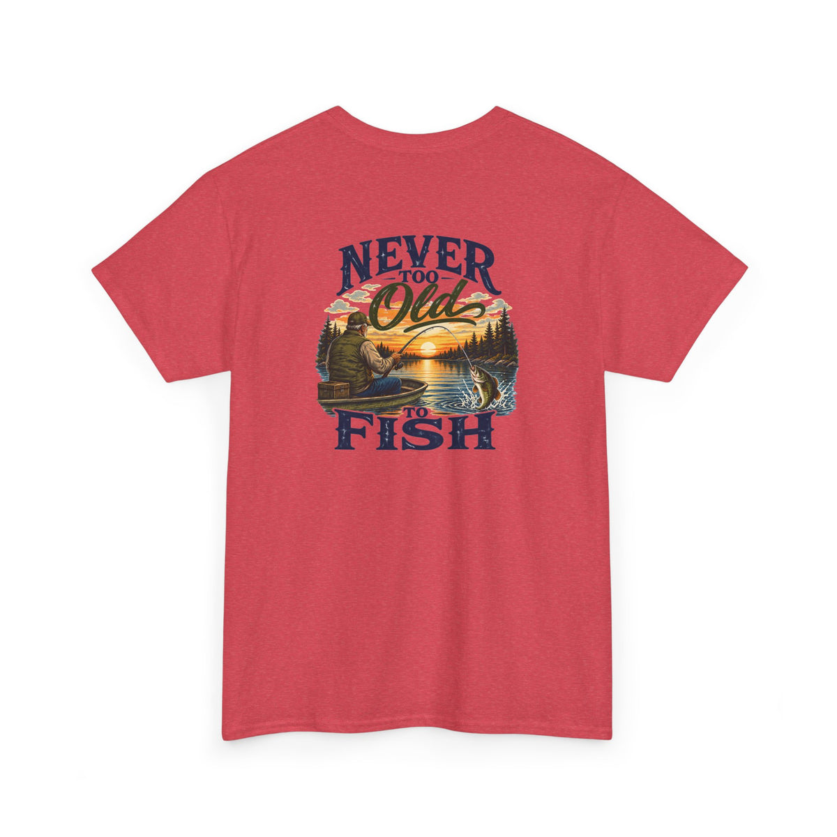 A heather red short-sleeve t-shirt with a vintage-style graphic on the chest that reads 'NEVER FORGET Old FISH' surrounding a sunset lake and pine tree illustration.