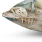 Square polyester pillow close side view with zipper trim and beach mural pattern.