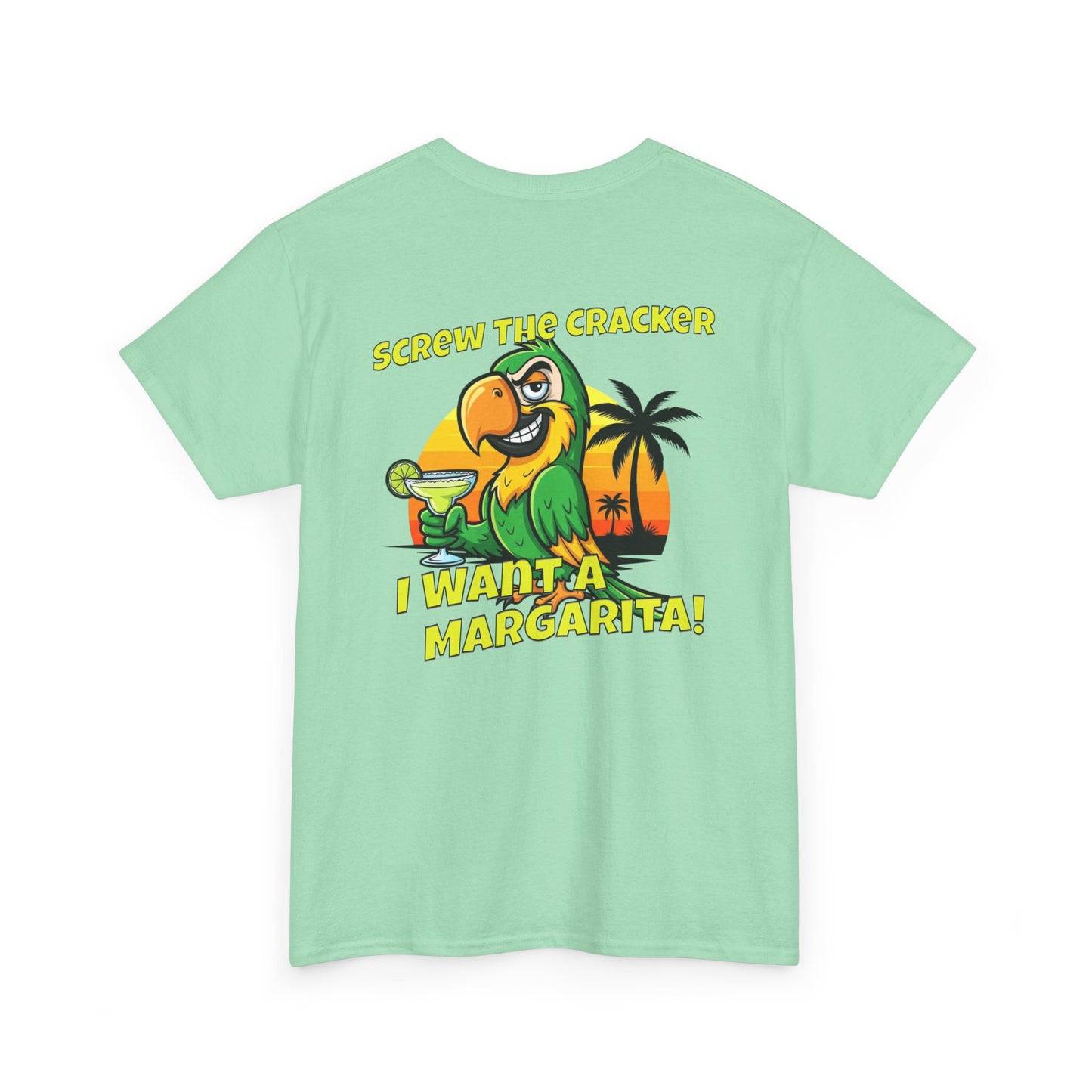 Light green t-shirt with a parrot graphic and text on the back, on a white background