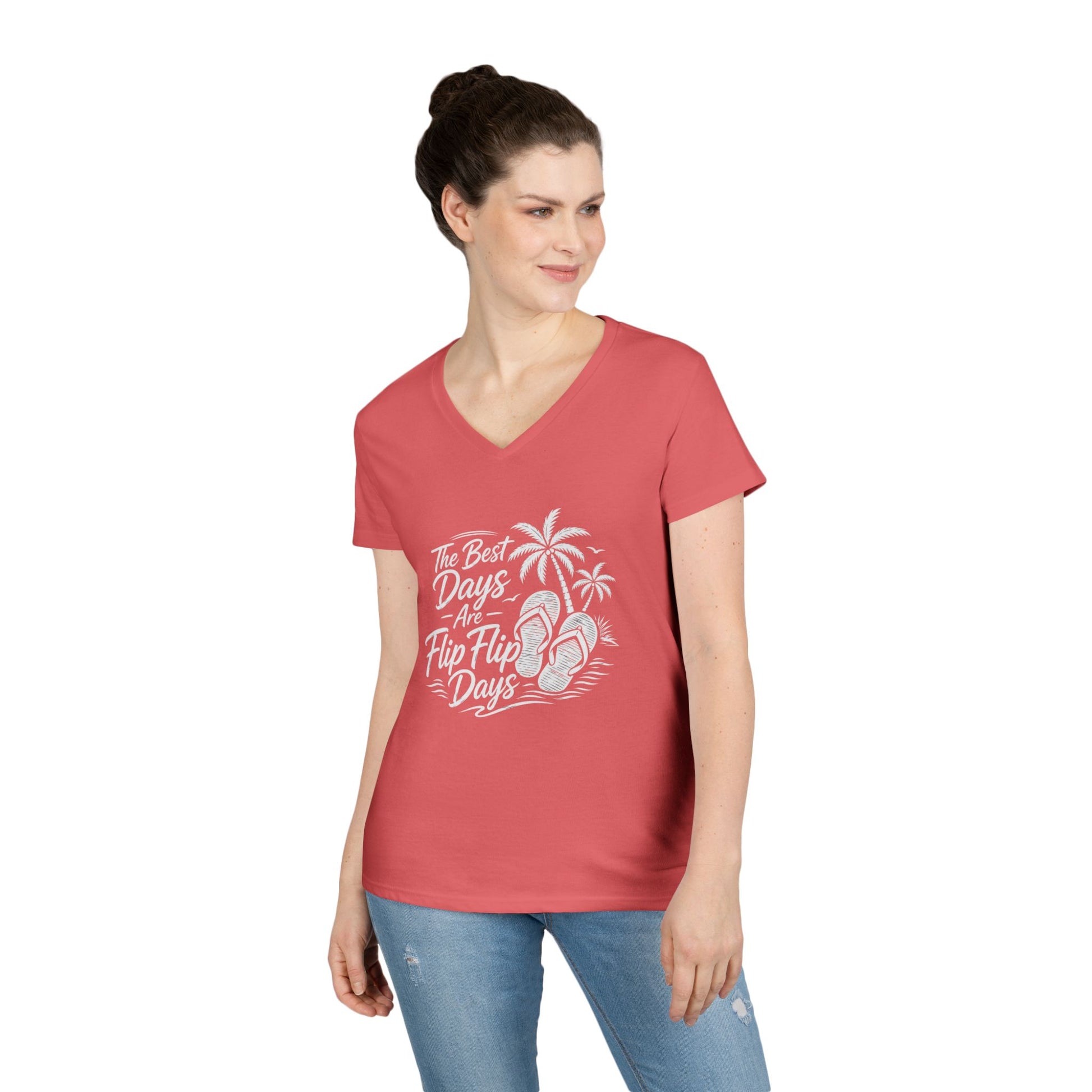 Women's coral pink V-neck T-shirt with beach crab and flip-flop graphic