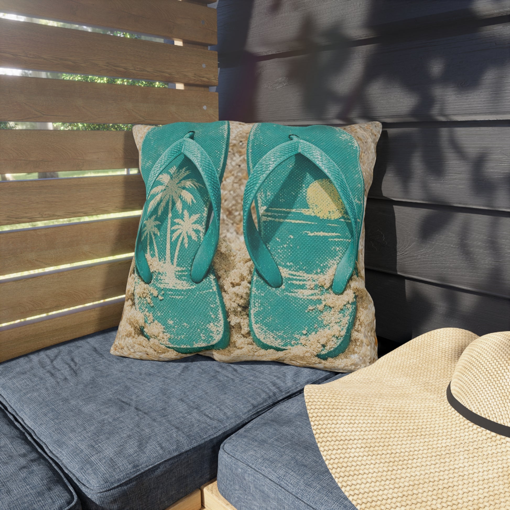 Pillow with flip-flop design on a chair outdoors