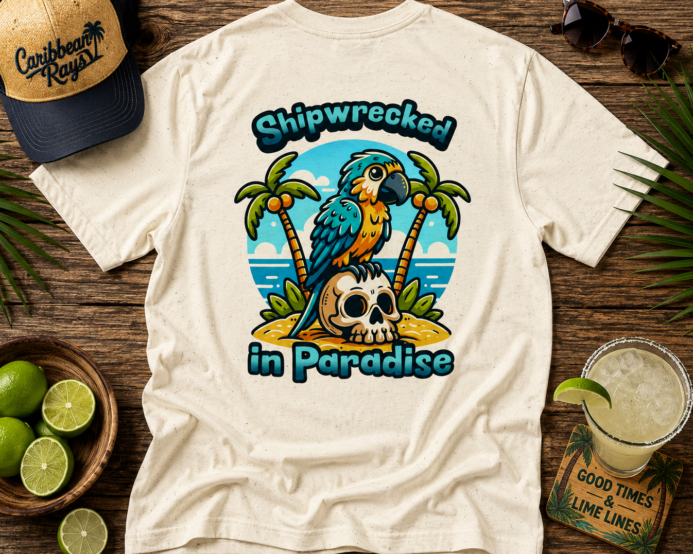White t-shirt with a colorful parrot graphic and text 'Shipwrecked in Paradise' on a wooden surface with limes and a hat.