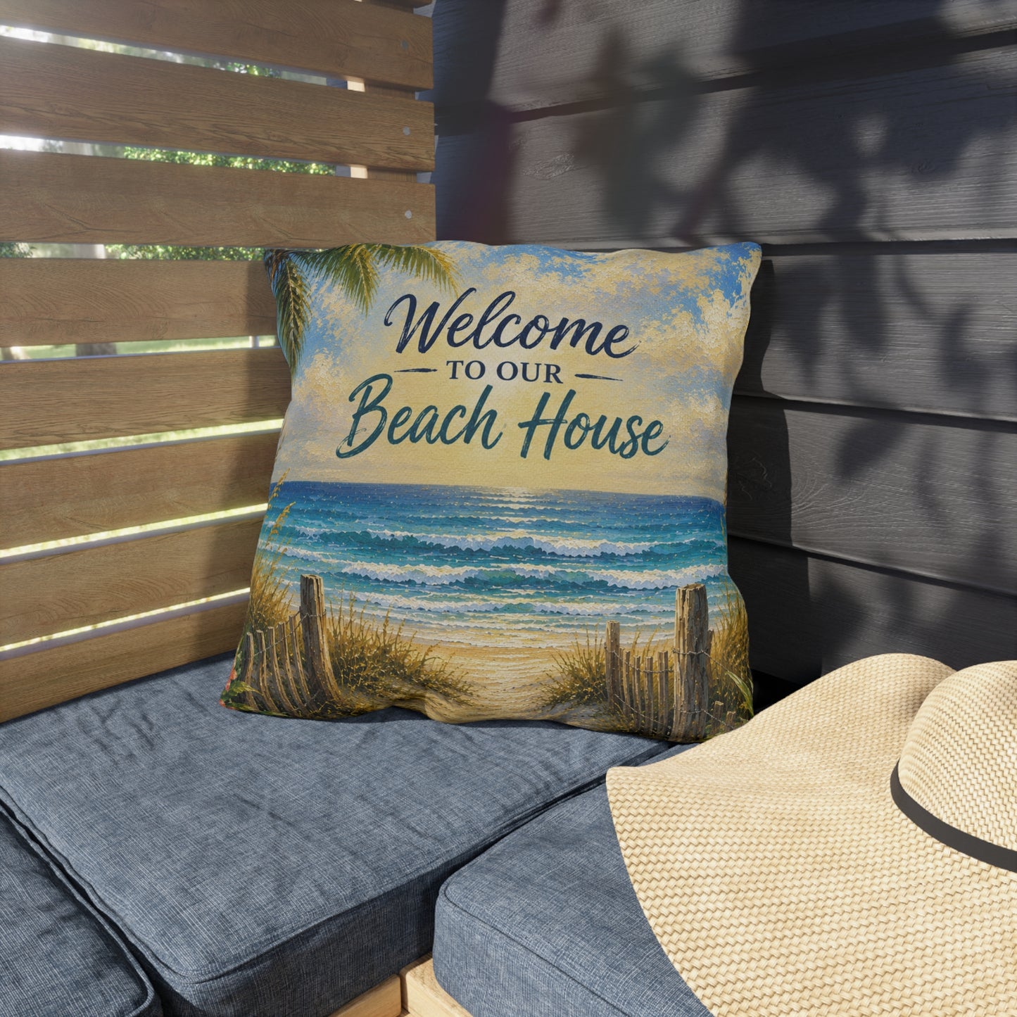 Welcome to Our Beach House Outdoor Pillow — Coastal Decorative Accent for Patio, Porch & Beach Home