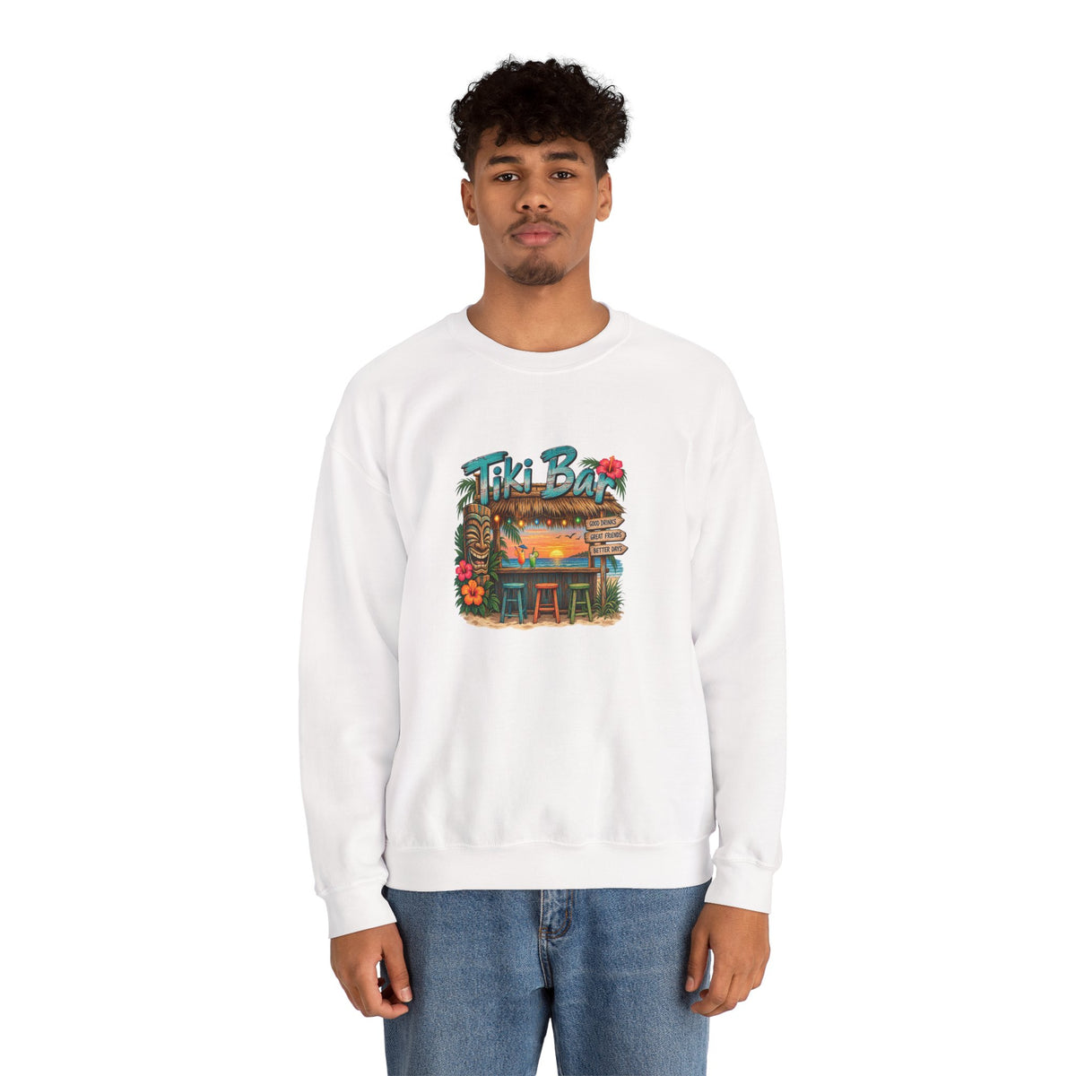 Tiki Bar Crewneck Sweatshirt — Retro Tropical Sunset Design