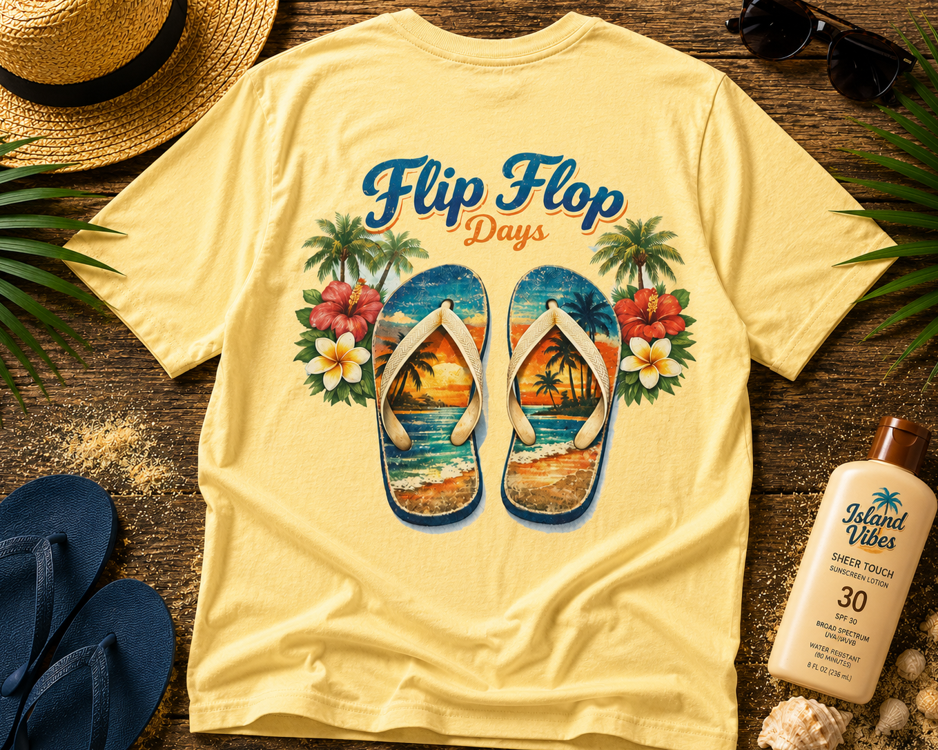 Yellow t-shirt with flip flop design and tropical elements on a wooden surface with beach accessories.