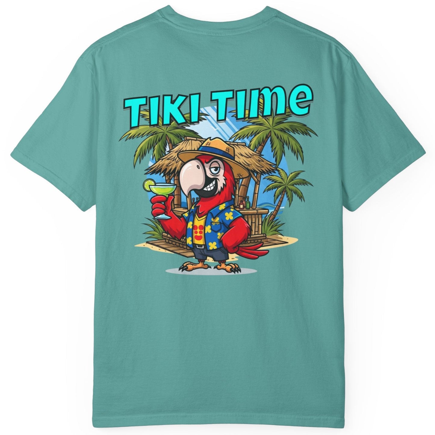 Teal t-shirt with 'Tiki Time' graphic on a white background