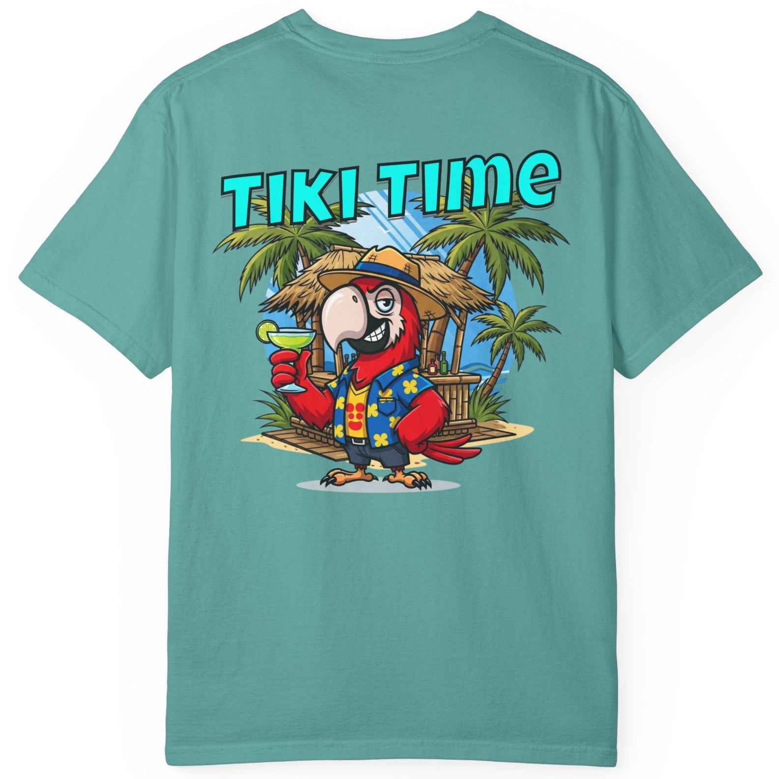 Teal t-shirt with 'Tiki Time' graphic on a white background