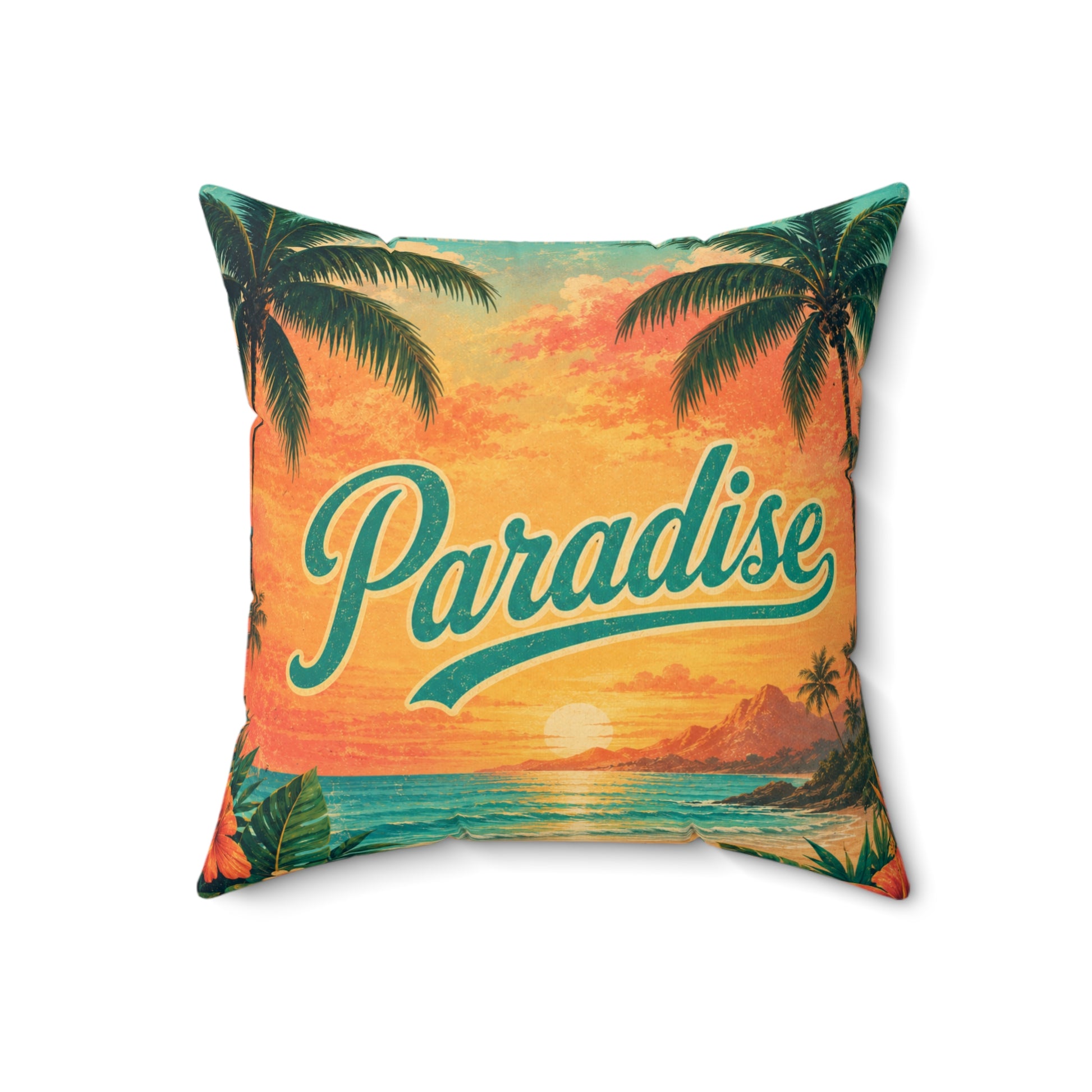Square polyester pillow, 'Paradise' script over palm-and-sunset tropical scene